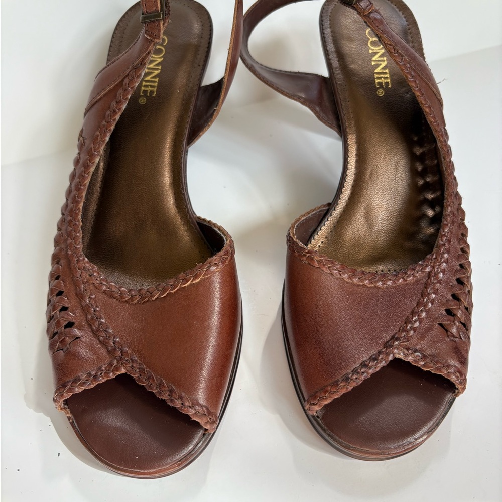 Connie Brown Braided Leather Peep-Toe Slingback Sandals
